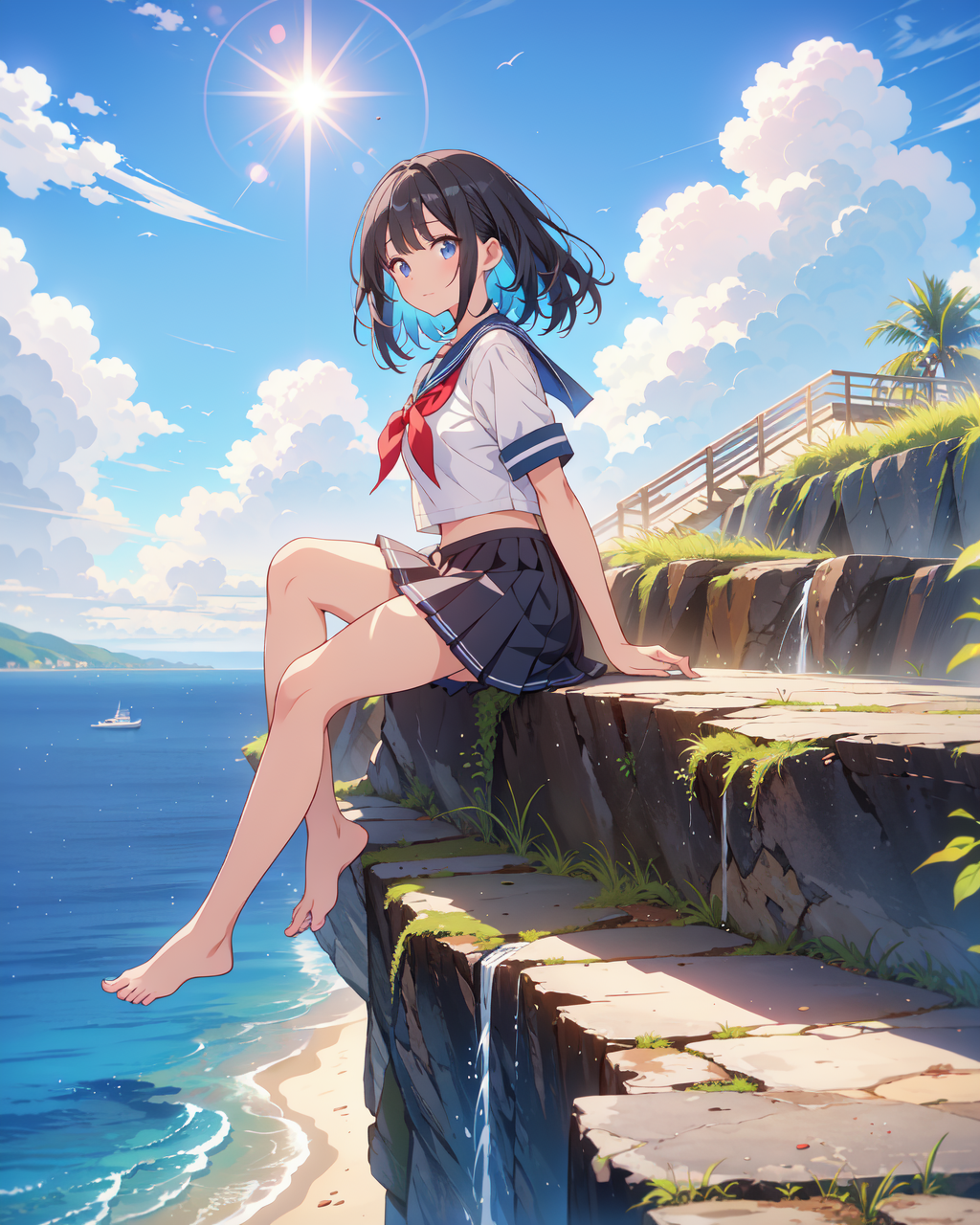 (Highest quality, Masterpiece: 1.2), (Solo), Anime coloring book, 4K quality, (((Girl))), Black hair, Sailor uniform, Bare...